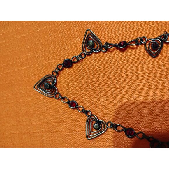 Heart shape wire choker necklace maybe sterling, red garnet colored beads hobo h - Picture 4 of 5